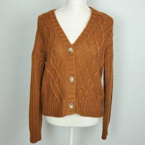 Pink Rose Camel Brown Cable Knit Cardigan Button Up Medium